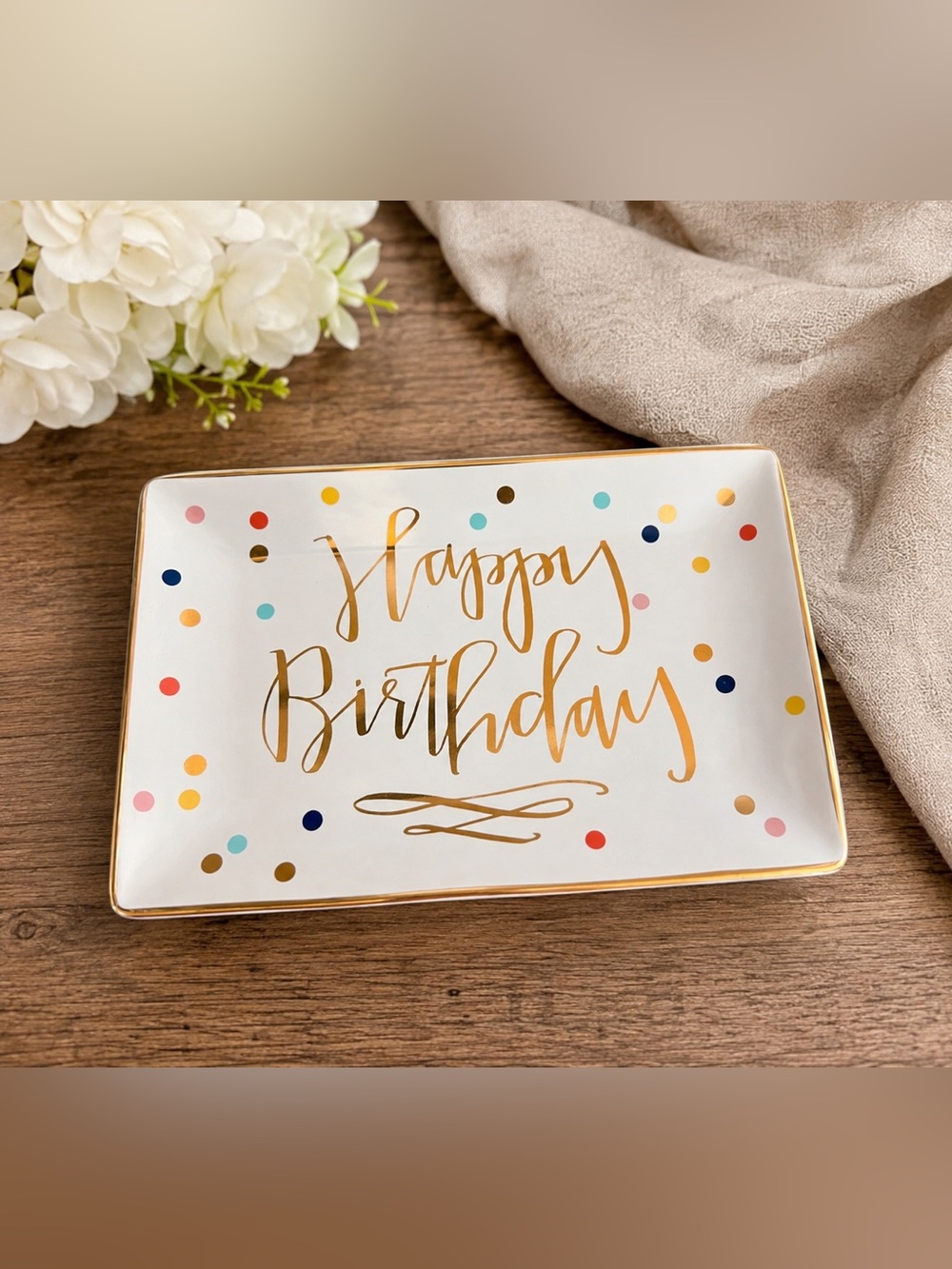 Slant Collections Happy Birthday Confetti Ceramic Trinket Tray NWT